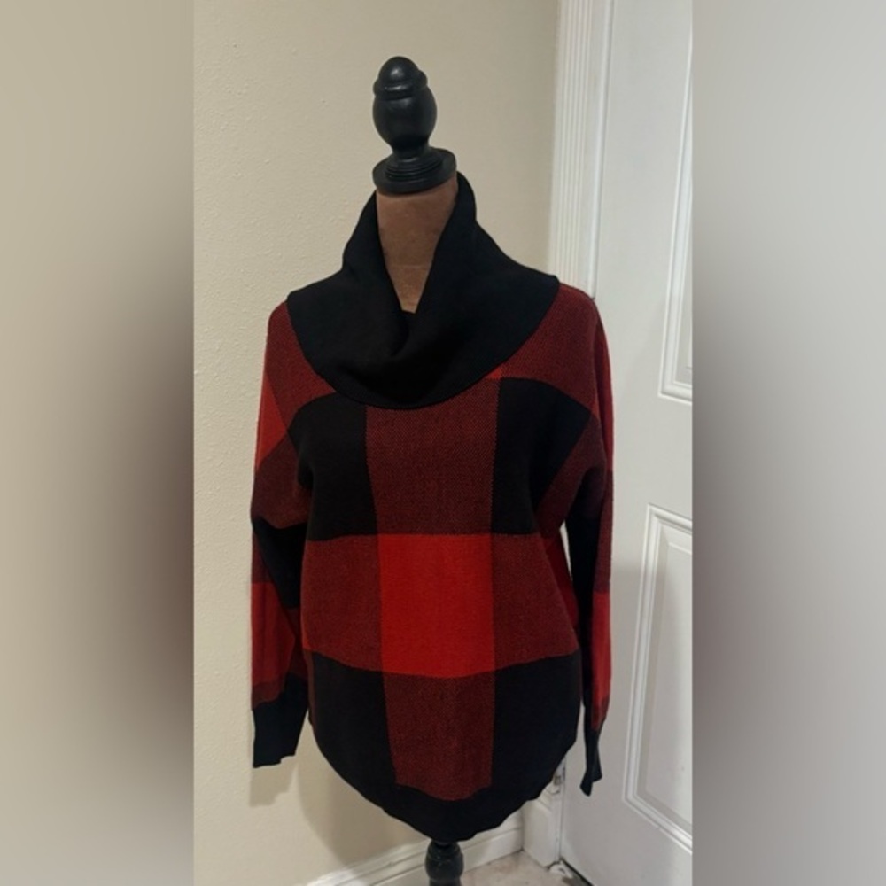 Design History Red and Black Plaid Cowl Neck Sweater